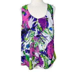 Lane Bryant Sleeveless Lined Colorful Tropical Print Center Ruffle Tank 16